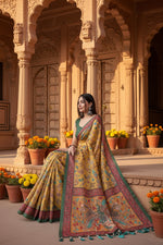 Load image into Gallery viewer, Women's Linen Printed Saree With Unstitched Blouse 5.5Mtr (Yellow)
