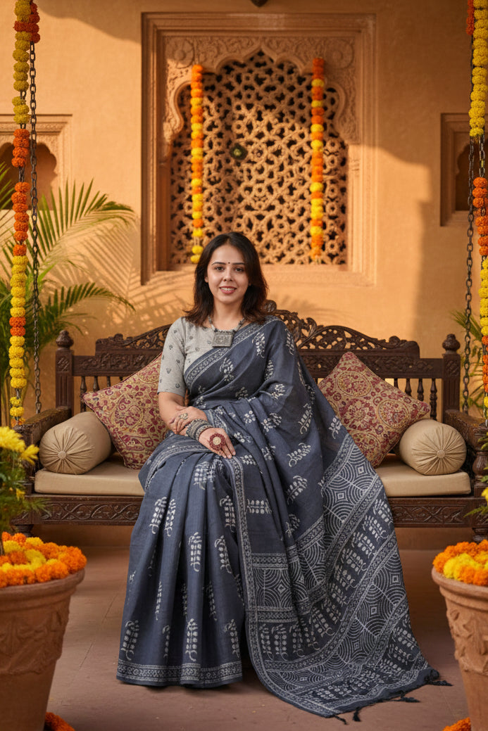 Women's Linen Printed Saree With Unstitched Blouse 5.5Mtr (Grey)