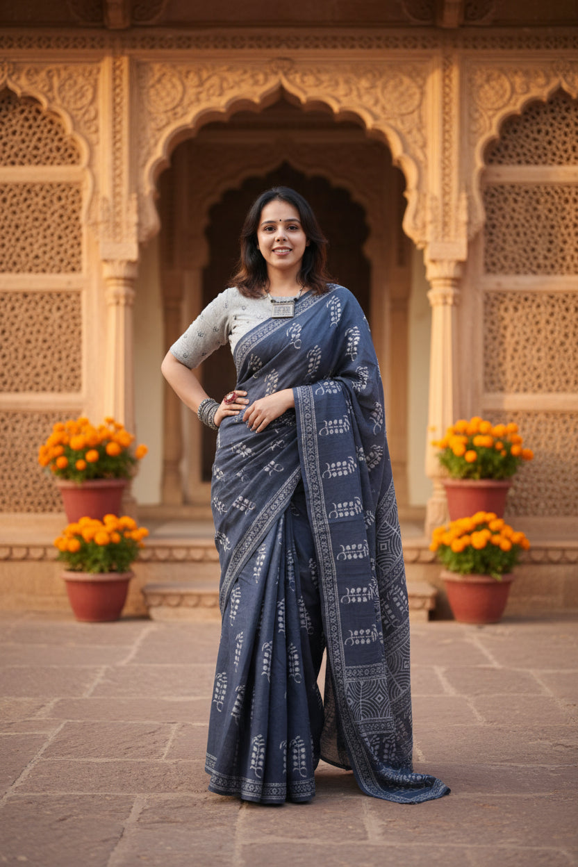 Women's linen printed saree with unstitched blouse 5