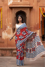 Load image into Gallery viewer, Women's Linen Printed Saree With Unstitched Blouse 5.5Mtr (Red)
