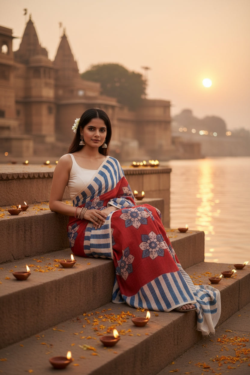 Women's Linen Printed Saree With Unstitched Blouse 5.5Mtr (Red)