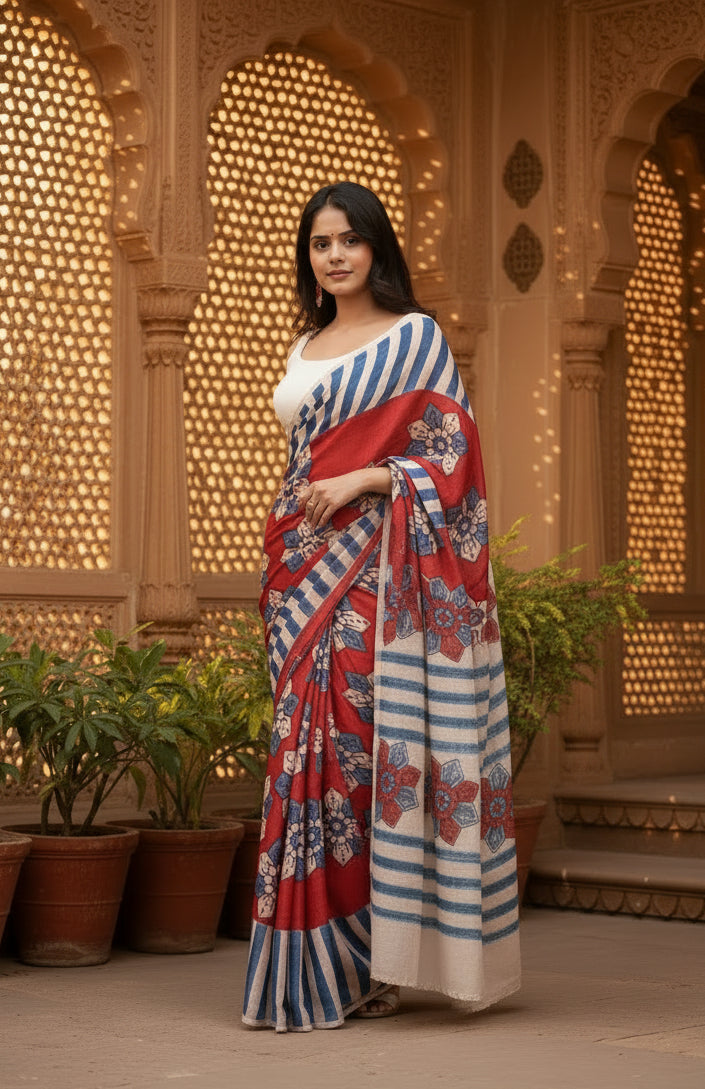 Women's Linen Printed Saree With Unstitched Blouse 5.5Mtr (Red)
