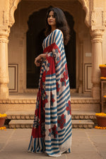 Load image into Gallery viewer, Women's Linen Printed Saree With Unstitched Blouse 5.5Mtr (Red)
