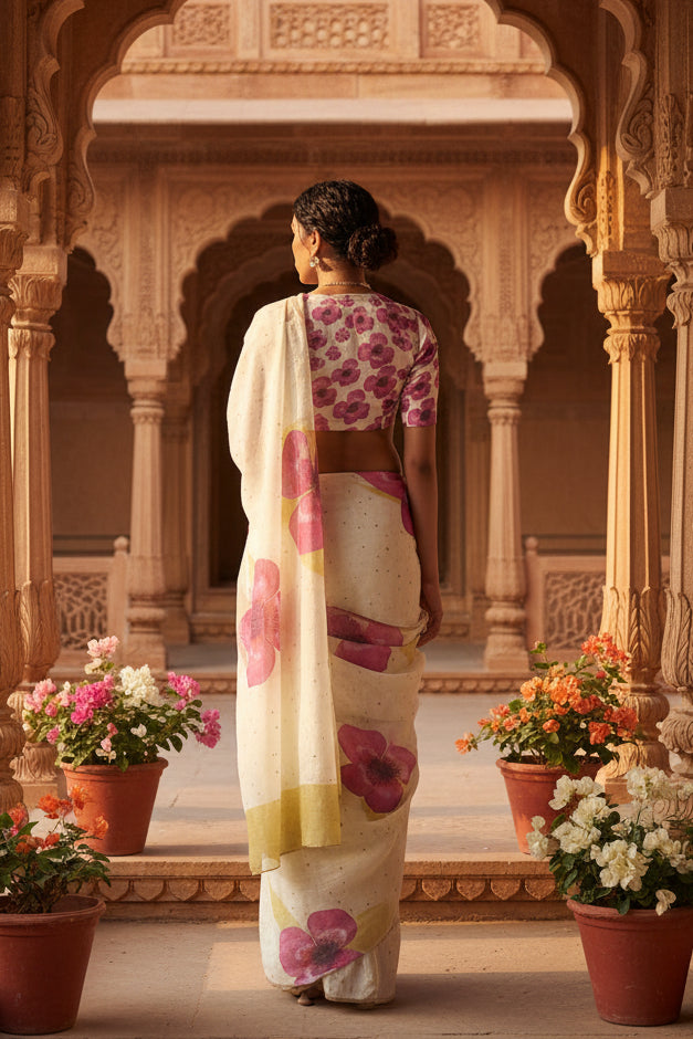Women's Linen Printed Saree With Unstitched Blouse 5.5Mtr (White)