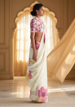 Load image into Gallery viewer, Women's Linen Printed Saree With Unstitched Blouse 5.5Mtr (White)
