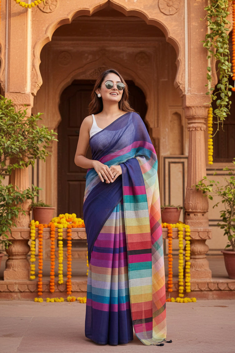 Women's Linen Printed Saree With Unstitched Blouse 5.5Mtr (Navy)
