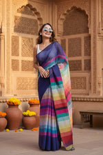 Load image into Gallery viewer, Women's Linen Printed Saree With Unstitched Blouse 5.5Mtr (Navy)

