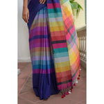 Load image into Gallery viewer, Women's Linen Printed Saree With Unstitched Blouse 5.5Mtr (Navy)
