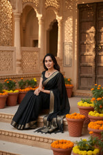 Load image into Gallery viewer, Women's Vichitra Silk Printed Saree With Unstitched Blouse 5.5Mtr (Black)
