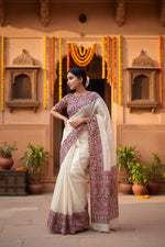 Load image into Gallery viewer, Women's Linen Printed Saree With Unstitched Blouse 5.5Mtr (White)
