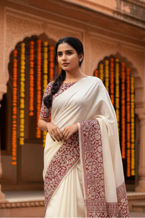 Women's linen printed saree with unstitched blouse 5