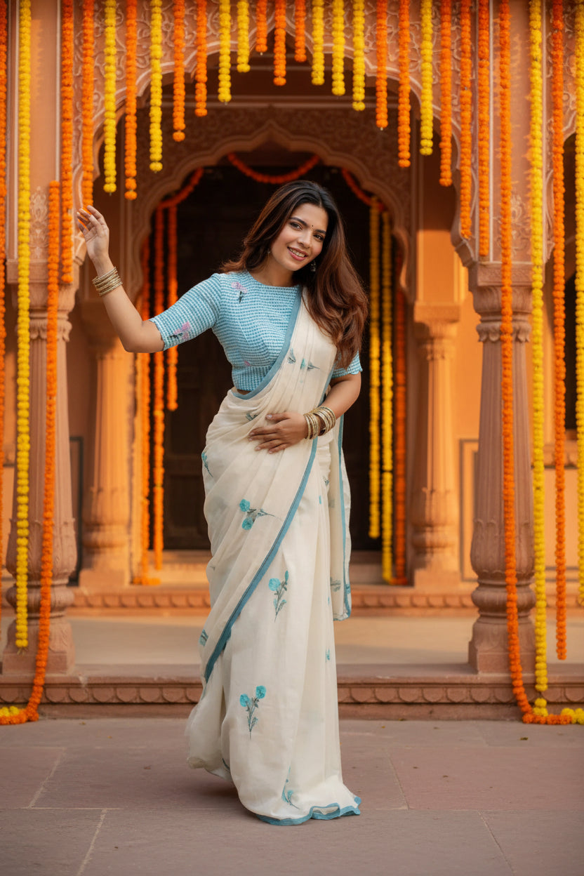 Women's Linen Printed Saree With Unstitched Blouse 5.5Mtr (White)