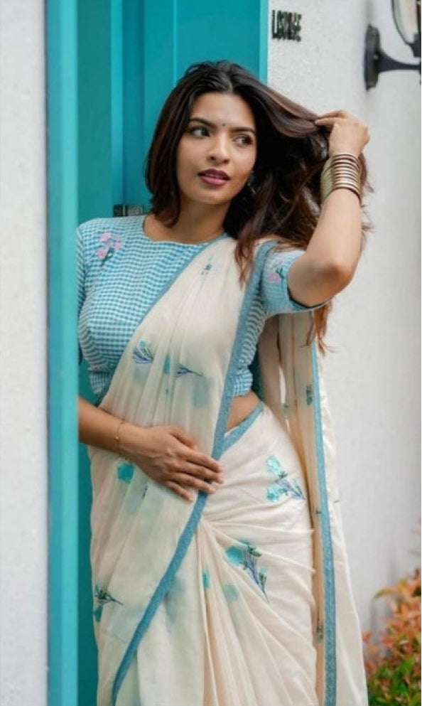 Women's Linen Printed Saree With Unstitched Blouse 5.5Mtr (White)