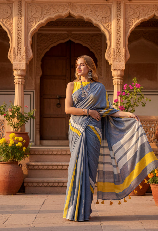 Women's Linen Printed Saree With Unstitched Blouse 5.5Mtr (Blue)