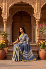 Load image into Gallery viewer, Women's Linen Printed Saree With Unstitched Blouse 5.5Mtr (Blue)

