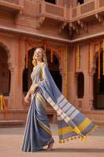 Load image into Gallery viewer, Women's Linen Printed Saree With Unstitched Blouse 5.5Mtr (Blue)
