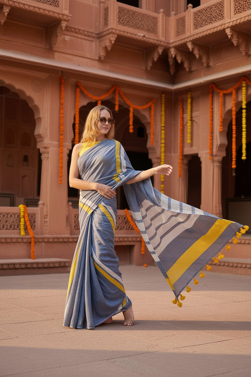 Women's Linen Printed Saree With Unstitched Blouse 5.5Mtr (Blue)