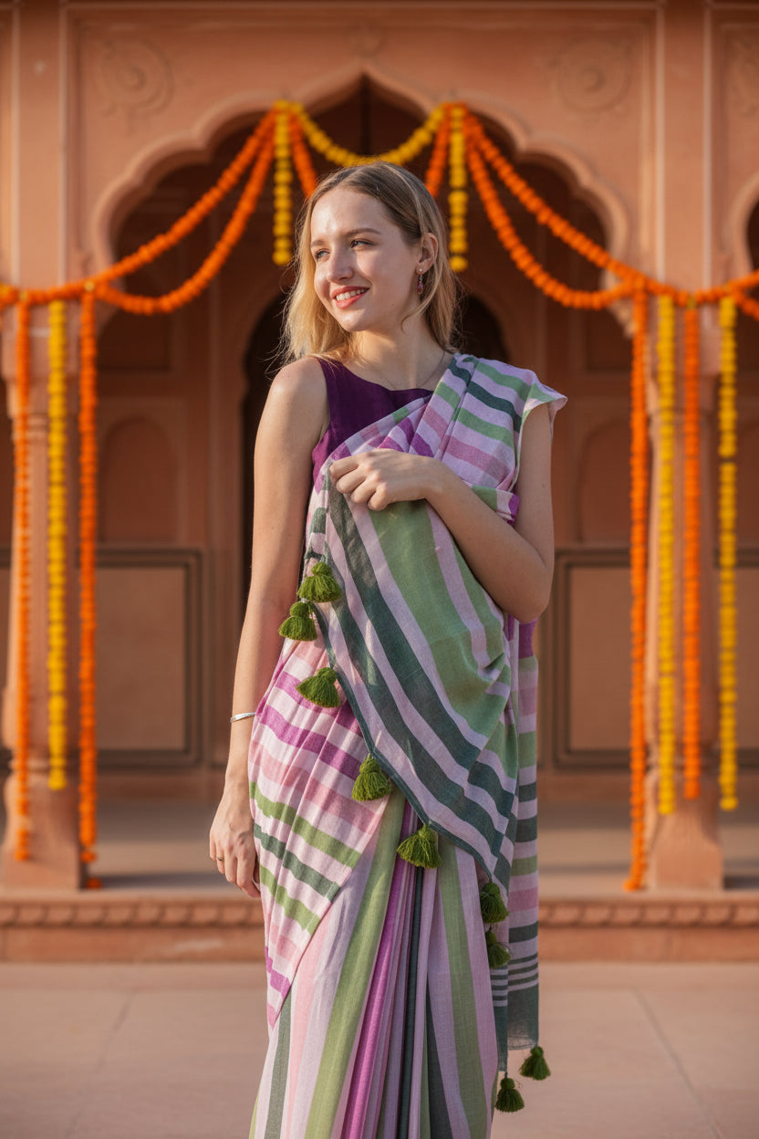 Women's Linen Printed Saree With Unstitched Blouse 5.5Mtr (Pink)