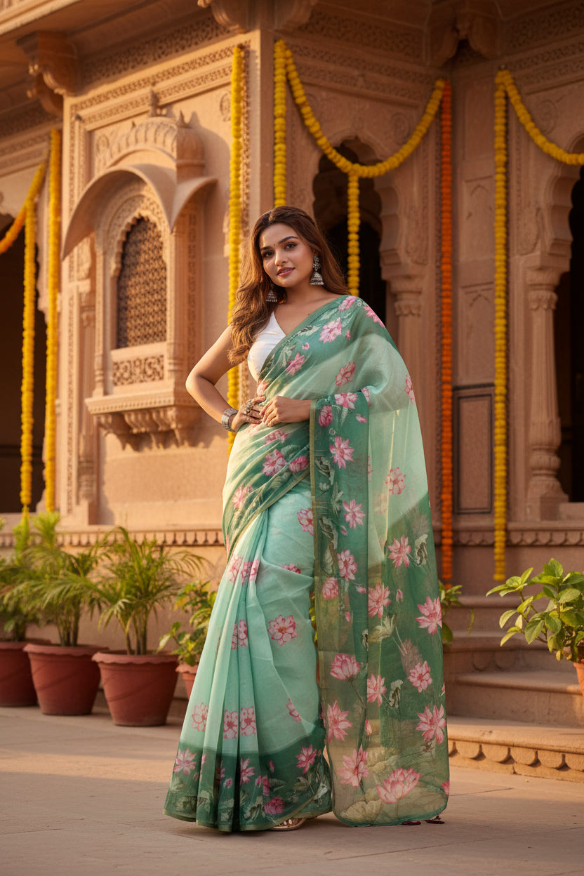Pid 65200 women s linen printed saree with unstitched blouse 5 5 mtr green 1 1000x1000