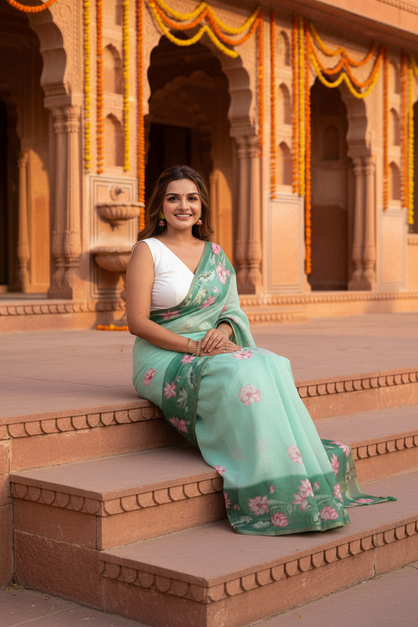 Women's Linen Printed Saree With Unstitched Blouse 5.5Mtr (Green)