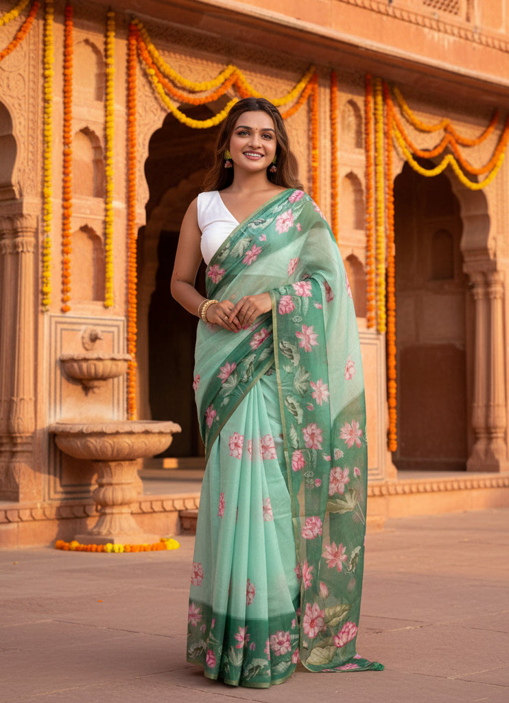 Women's Linen Printed Saree With Unstitched Blouse 5.5Mtr (Green)