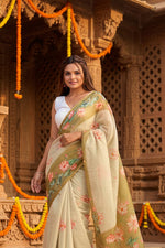 Load image into Gallery viewer, Women's Linen Printed Saree With Unstitched Blouse 5.5Mtr (Mahendi)
