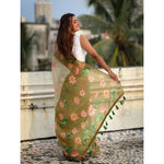 Load image into Gallery viewer, Women's Linen Printed Saree With Unstitched Blouse 5.5Mtr (Mahendi)
