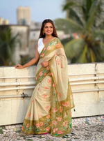 Load image into Gallery viewer, Women's Linen Printed Saree With Unstitched Blouse 5.5Mtr (Mahendi)
