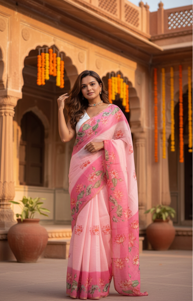 Women's Linen Printed Saree With Unstitched Blouse 5.5Mtr (Pink)