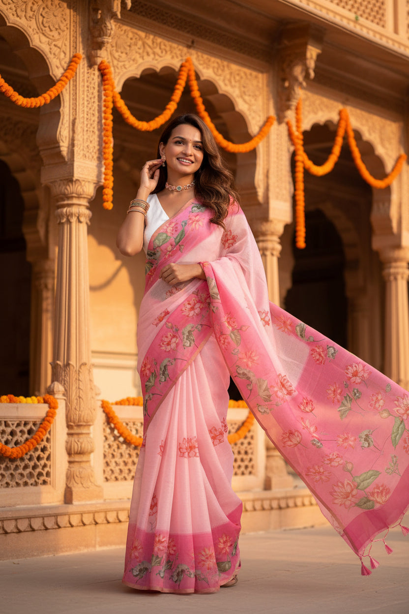 Women's Linen Printed Saree With Unstitched Blouse 5.5Mtr (Pink)