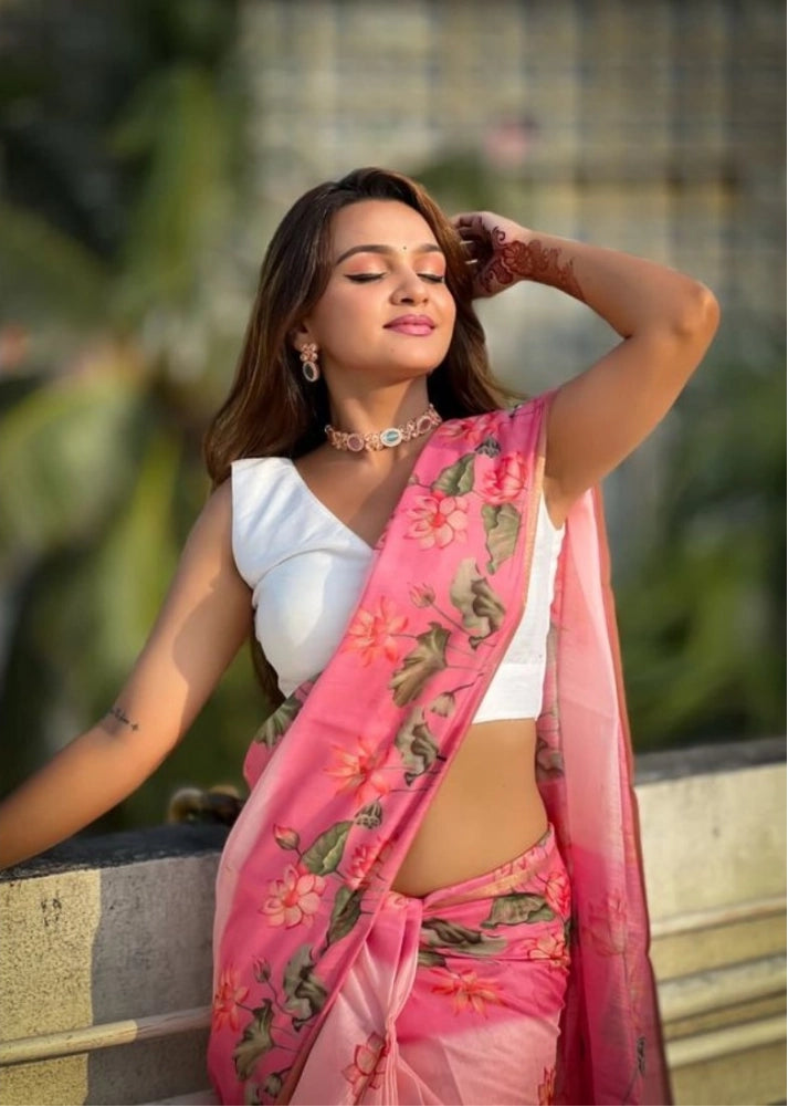 Women's Linen Printed Saree With Unstitched Blouse 5.5Mtr (Pink)