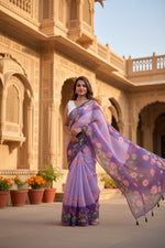 Load image into Gallery viewer, Women's Linen Printed Saree With Unstitched Blouse 5.5Mtr (Purple)
