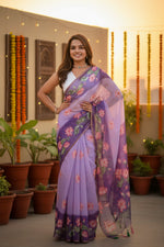 Load image into Gallery viewer, Women's Linen Printed Saree With Unstitched Blouse 5.5Mtr (Purple)
