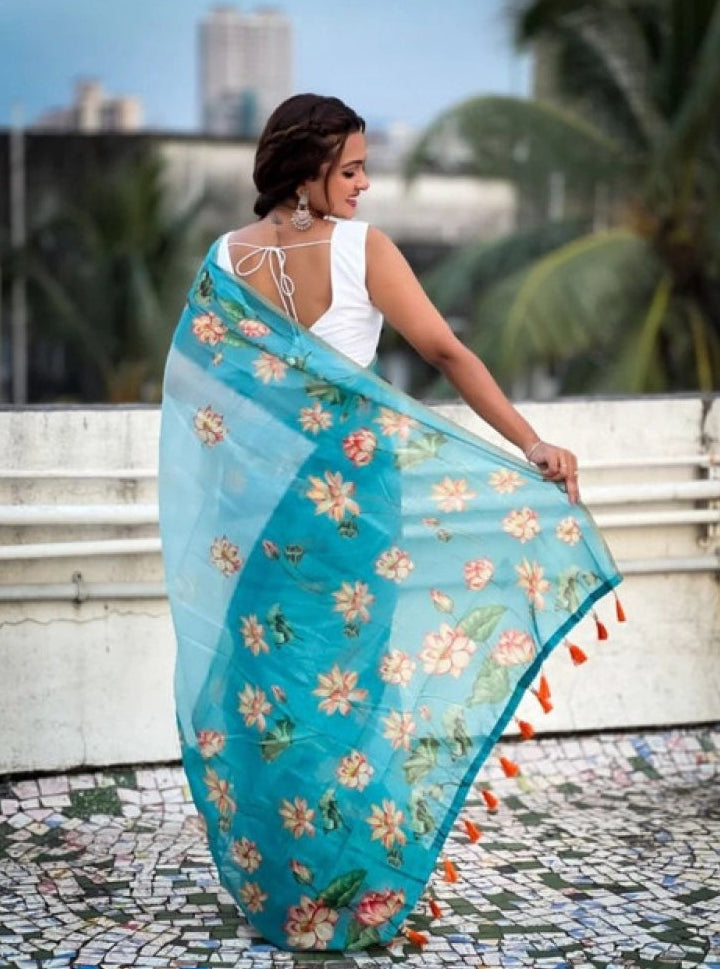 Women's Linen Printed Saree With Unstitched Blouse 5.5Mtr (Aqua)