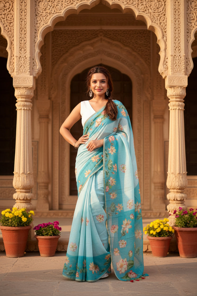 Women's Linen Printed Saree With Unstitched Blouse 5.5Mtr (Aqua)