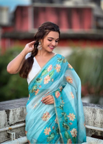 Load image into Gallery viewer, Women's Linen Printed Saree With Unstitched Blouse 5.5Mtr (Aqua)
