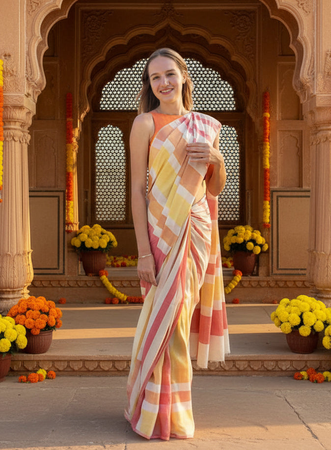 Women's Linen Printed Saree With Unstitched Blouse 5.5Mtr (Yellow)