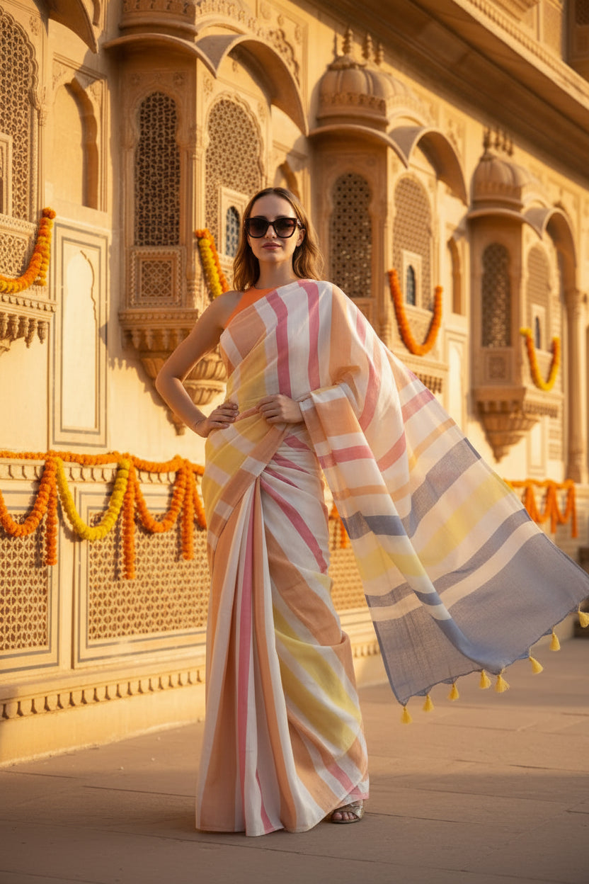 Women's Linen Printed Saree With Unstitched Blouse 5.5Mtr (Yellow)