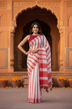 Load image into Gallery viewer, Women's Linen Printed Saree With Unstitched Blouse 5.5Mtr (Red)
