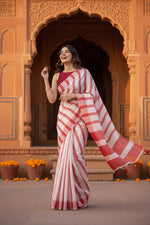 Load image into Gallery viewer, Women's Linen Printed Saree With Unstitched Blouse 5.5Mtr (Red)

