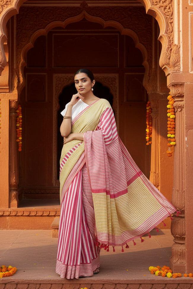 Pid 65208 women s linen printed saree with unstitched blouse 5 5 mtr yellow 1 1000x1000