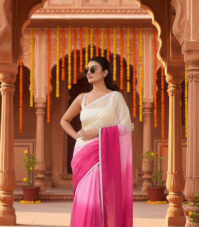Women's Linen Printed Saree With Unstitched Blouse 5.5Mtr (Pink)