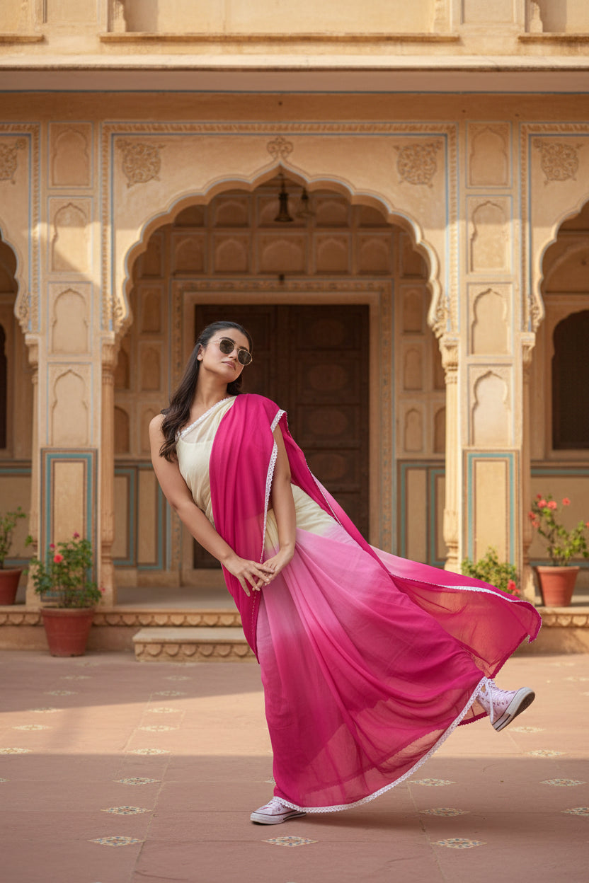 Women's linen printed saree with unstitched blouse 5