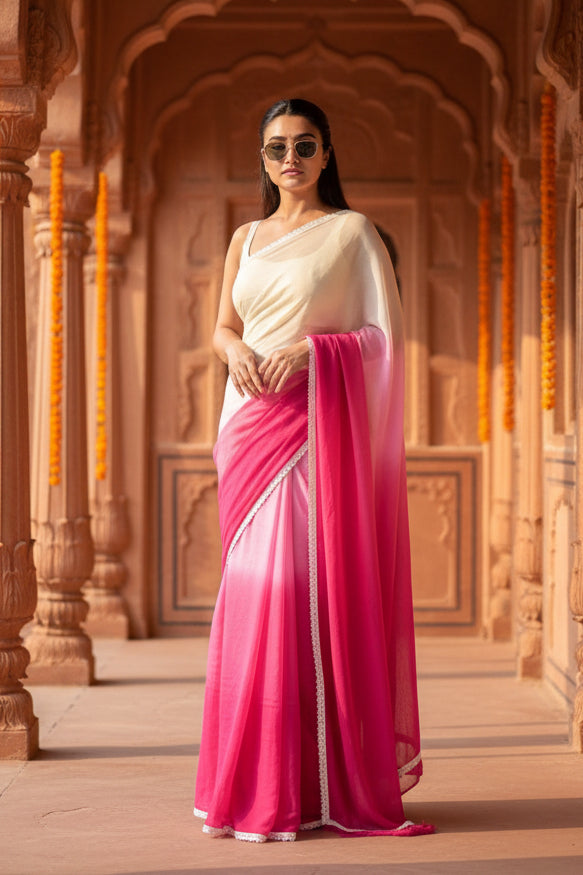Women's Linen Printed Saree With Unstitched Blouse 5.5Mtr (Pink)