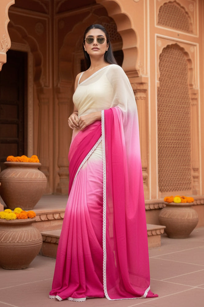Women's Linen Printed Saree With Unstitched Blouse 5.5Mtr (Pink)