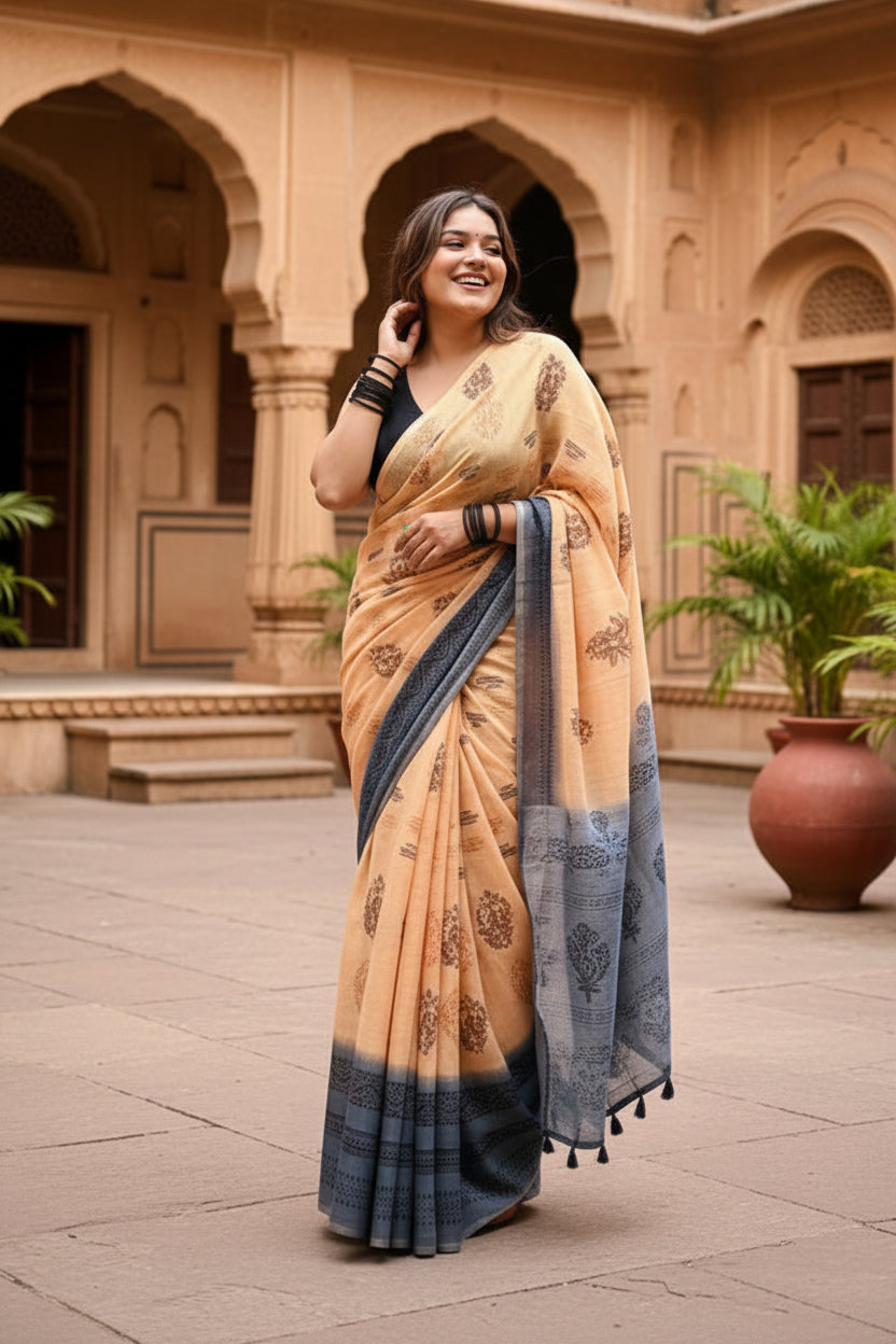 Women's linen printed saree with unstitched blouse 5