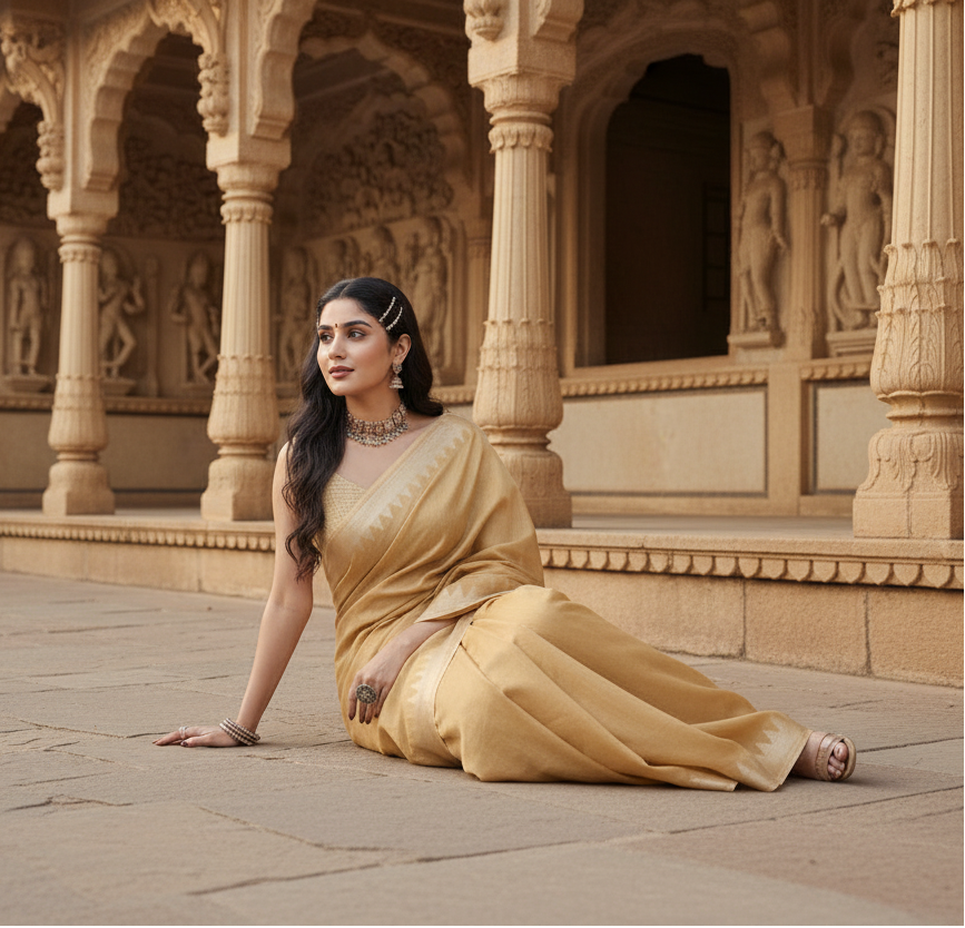 Women's Cotton Printed Saree With Unstitched Blouse 5.5Mtr (Golden)