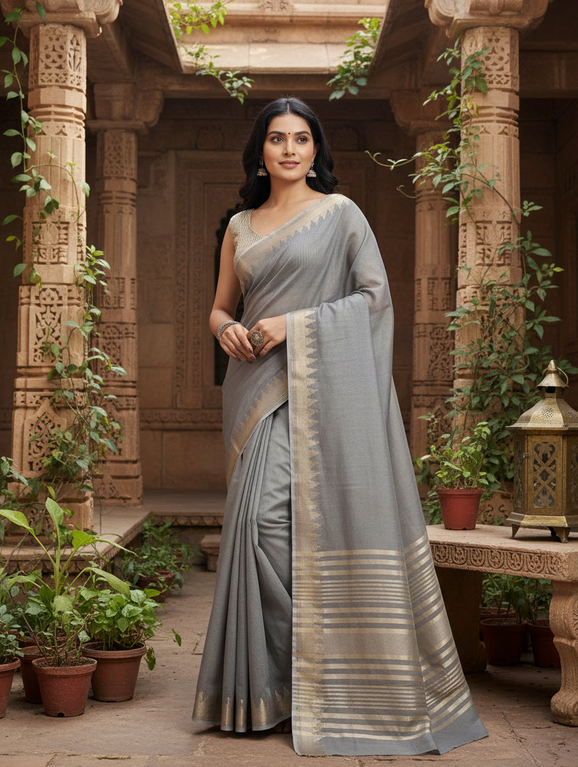 Women's Cotton Printed Saree With Unstitched Blouse 5.5Mtr (Gray)