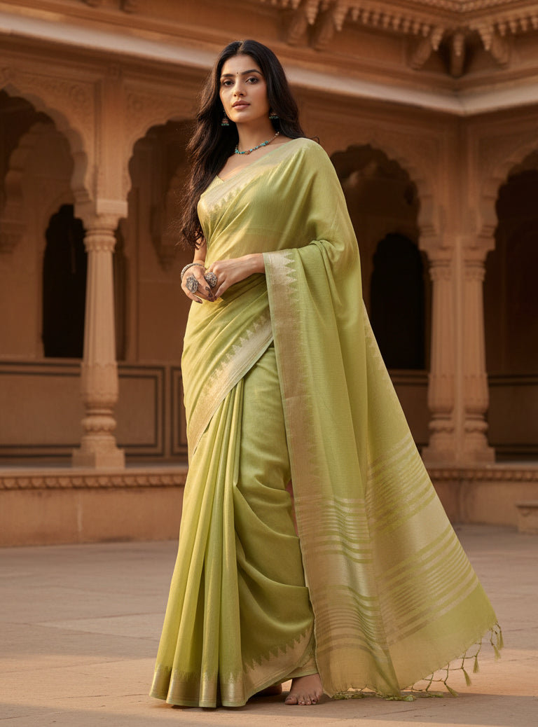 Women's Cotton Printed Saree With Unstitched Blouse 5.5Mtr (Light Green)