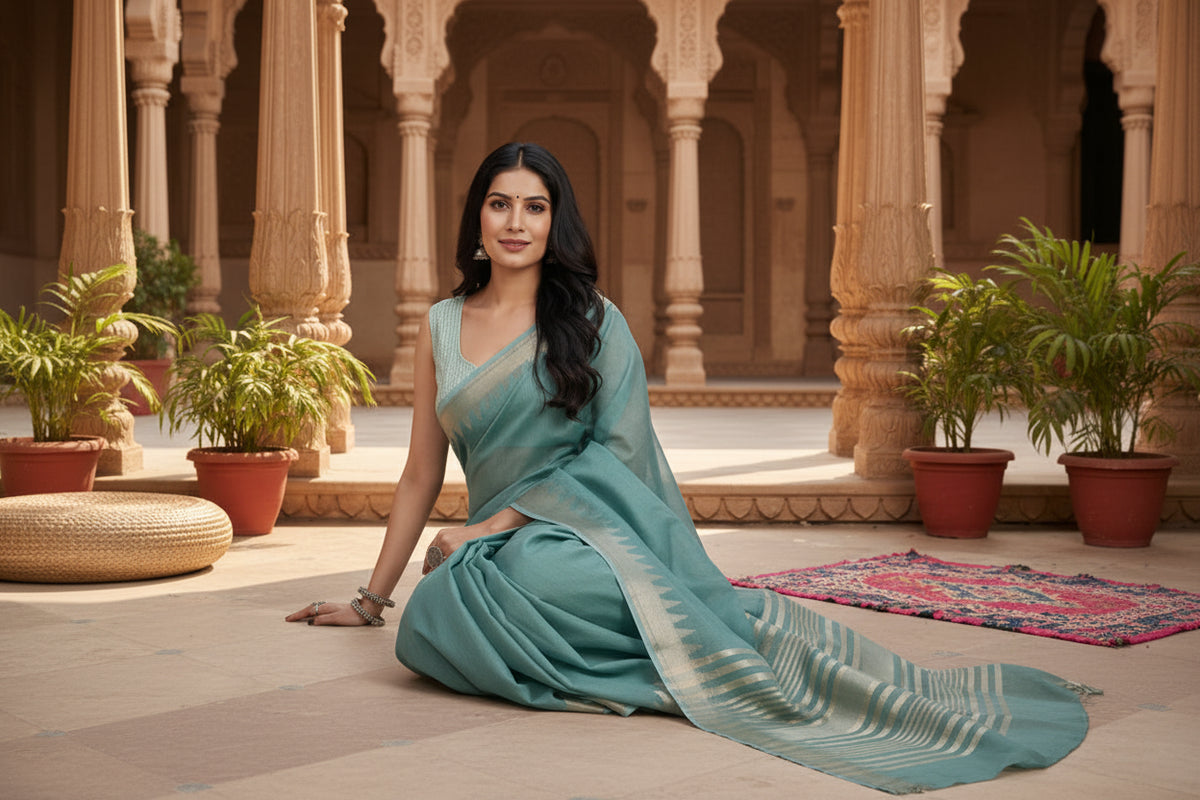 Women's cotton printed saree with unstitched blouse 5